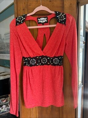 Meghan LA Red Long-Sleeve Embellished Wrap Top